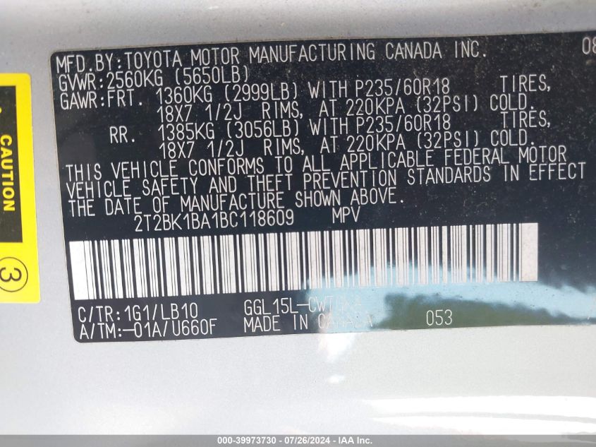 2011 Lexus Rx 350 VIN: 2T2BK1BA1BC118609 Lot: 39973730