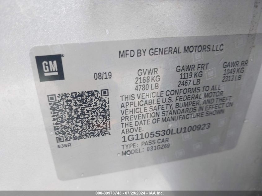 2020 Chevrolet Impala Premier VIN: 1G1105S30LU100923 Lot: 39973743