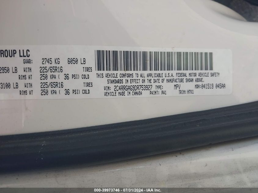 2013 Ram Cargo Tradesman VIN: 2C4RRGAG9DR753927 Lot: 39973746