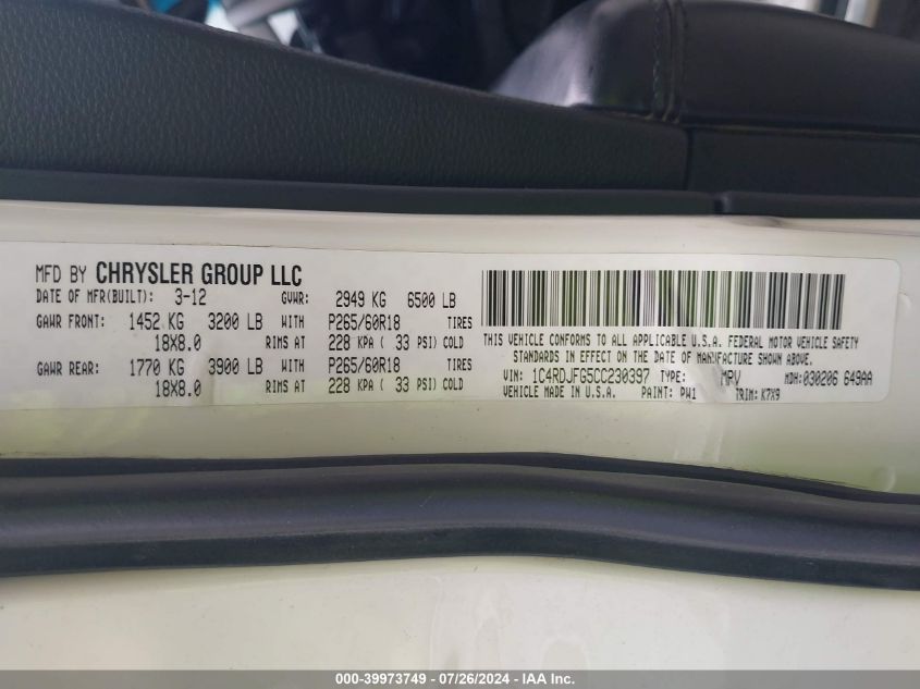 2012 Dodge Durango Special Service VIN: 1C4RDJFG5CC230397 Lot: 39973749