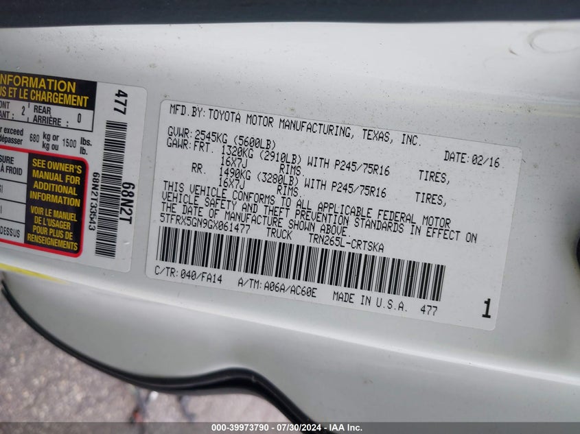 2016 TOYOTA TACOMA SR - 5TFRX5GN9GX061477