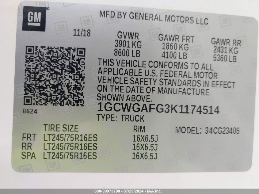 2019 Chevrolet Express 2500 Work Van VIN: 1GCWGAFG3K1174514 Lot: 39973798