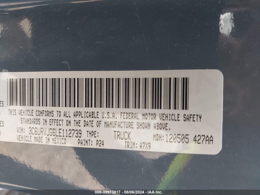 2020 Ram Promaster 3500 Cargo Van High Roof 159 Wb Ext VIN: 3C6URVJG6LE112739 Lot: 39973817