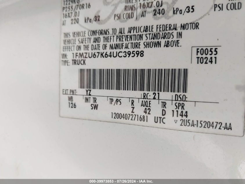 2004 Ford Explorer Sport Trac Adrenalin/Xls/Xlt VIN: 1FMZU67K64UC39598 Lot: 39973853