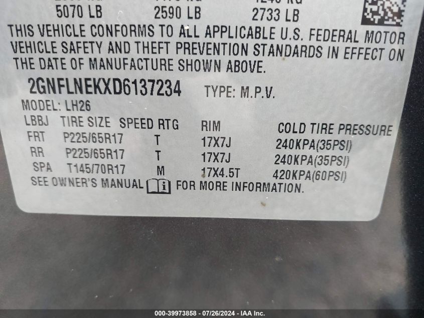 2013 Chevrolet Equinox 2Lt VIN: 2GNFLNEKXD6137234 Lot: 39973858