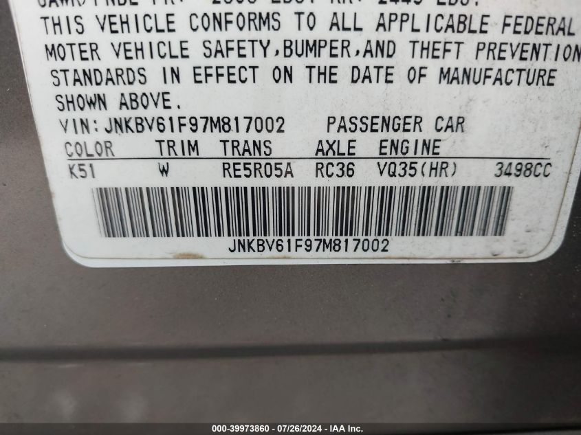 2007 Infiniti G35X VIN: JNKBV61F97M817002 Lot: 39973860