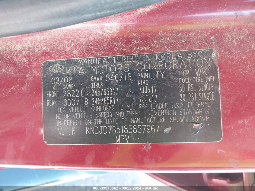 2008 Kia Sorento Lx VIN: KNDJD735185857967 Lot: 39973862