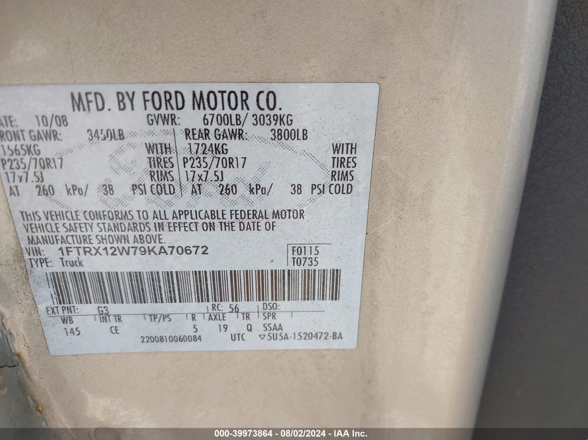 2009 Ford F-150 Stx/Xl VIN: 1FTRX12W79KA70672 Lot: 39973864