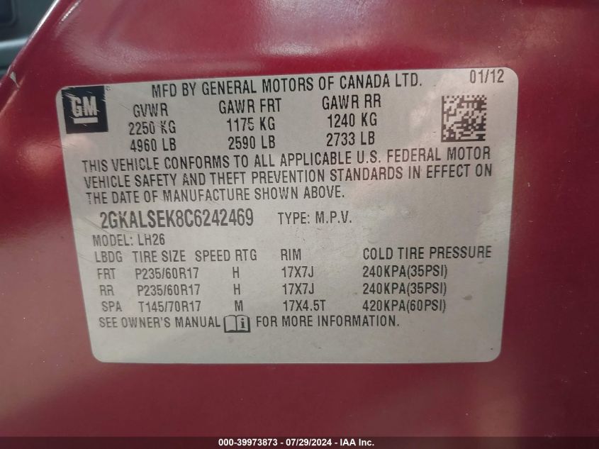 2012 GMC Terrain Sle-2 VIN: 2GKALSEK8C6242469 Lot: 39973873