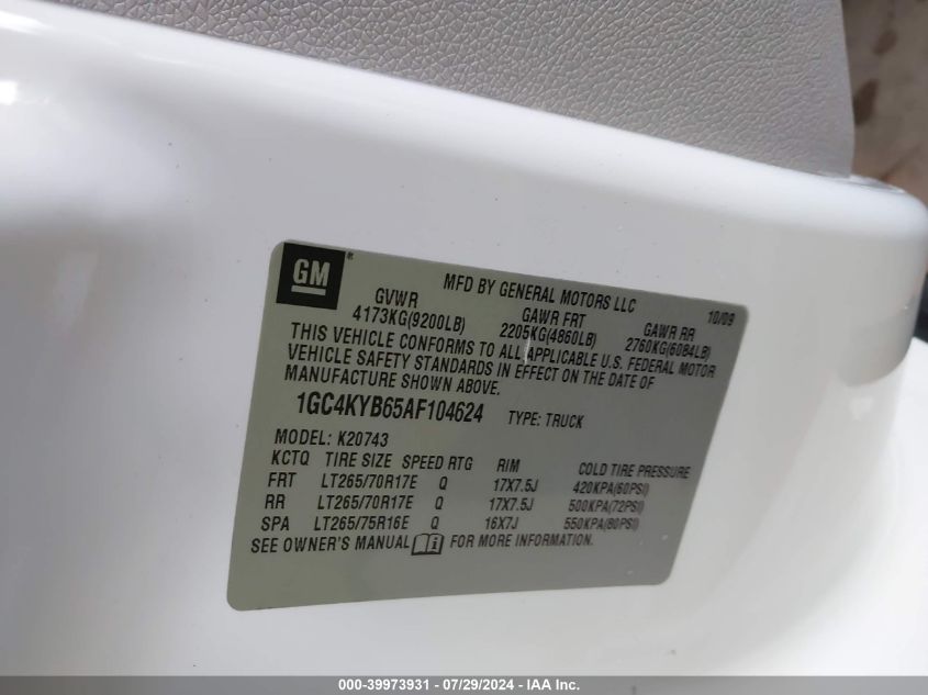 2010 Chevrolet Silverado 2500Hd Ltz VIN: 1GC4KYB65AF104624 Lot: 39973931