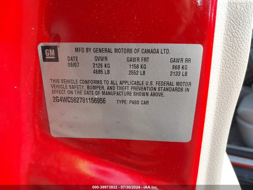 2008 Buick Lacrosse Cx VIN: 2G4WC582781156956 Lot: 39973932