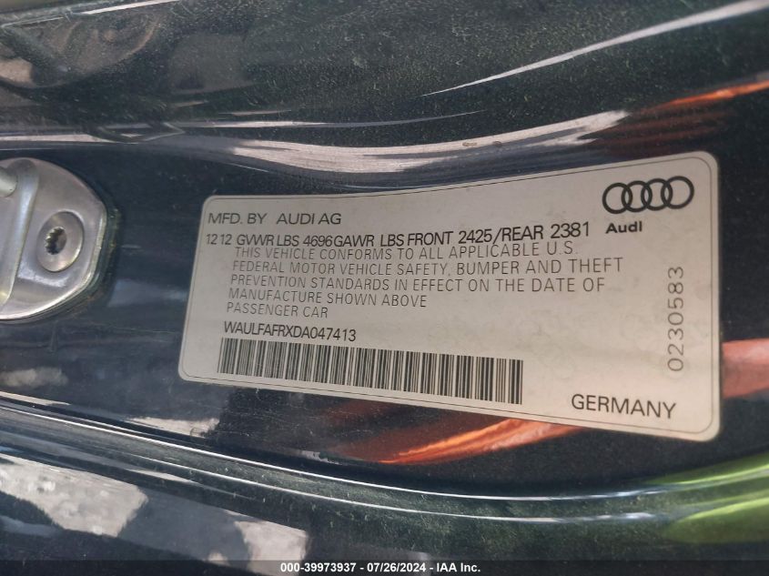 2013 Audi A5 2.0T Premium VIN: WAULFAFRXDA047413 Lot: 39973937