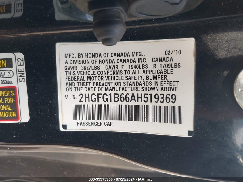 2010 Honda Civic Lx VIN: 2HGFG1B66AH519369 Lot: 39973956