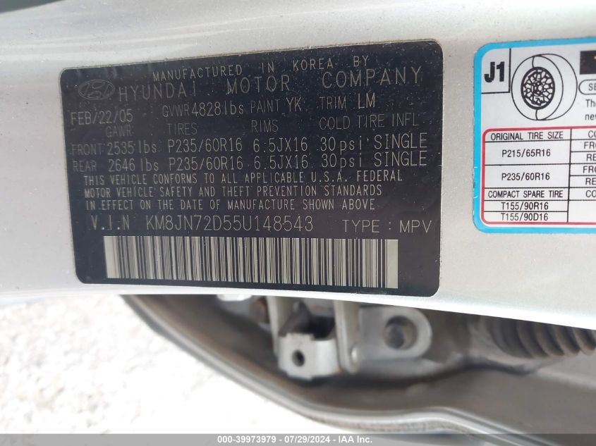 2005 Hyundai Tucson Gls/Lx VIN: KM8JN72D55U148543 Lot: 39973979