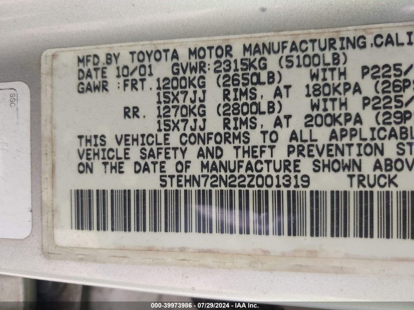 2002 Toyota Tacoma Base V6 VIN: 5TEHN72N22Z001319 Lot: 39973986