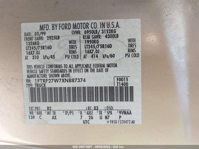 1999 Ford F-250 Lariat/Work Series/Xl/Xlt VIN: 1FTRF27W7XNB87374 Lot: 39973987