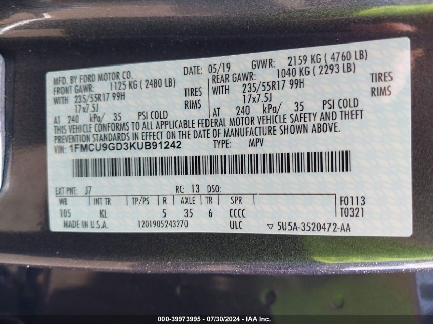 2019 Ford Escape Se VIN: 1FMCU9GD3KUB91242 Lot: 39973995