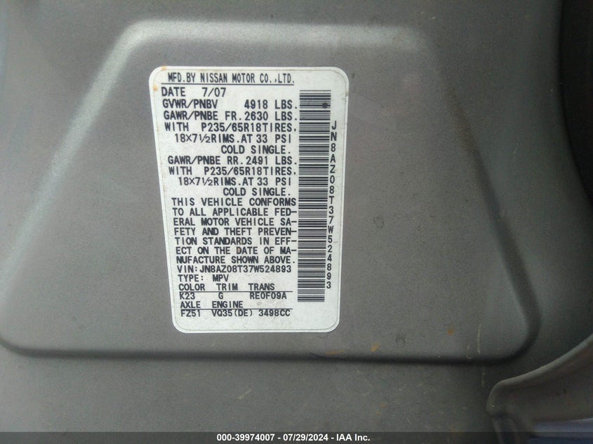 2007 Nissan Murano Sl VIN: JN8AZ08T37W524893 Lot: 39974007
