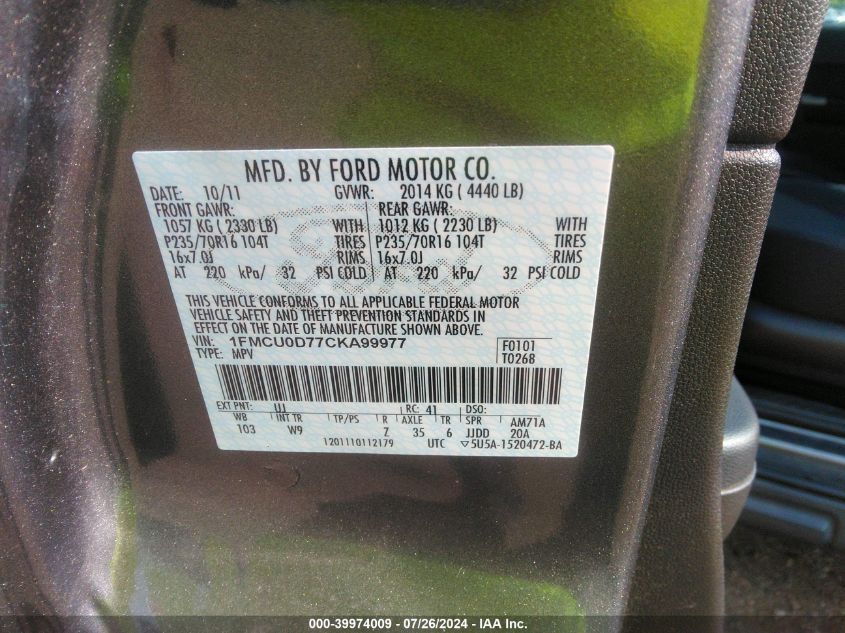 2012 Ford Escape Xlt VIN: 1FMCU0D77CKA99977 Lot: 39974009