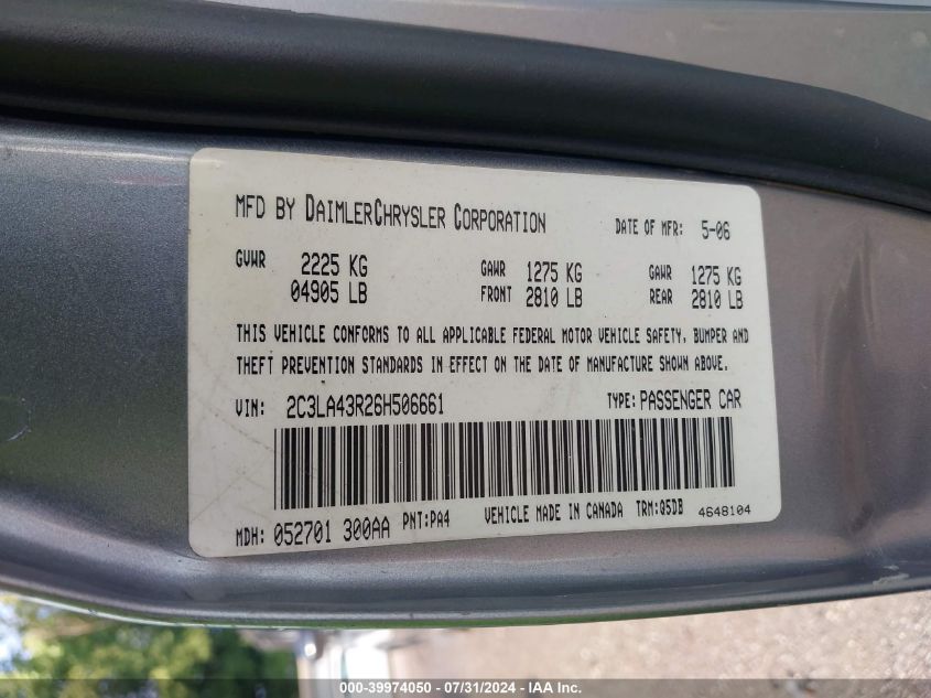 2006 Chrysler 300 VIN: 2C3LA43R26H506661 Lot: 39974050