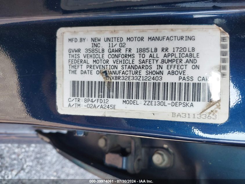 2003 Toyota Corolla Ce/Le/S VIN: 1NXBR32E33Z122403 Lot: 39974061