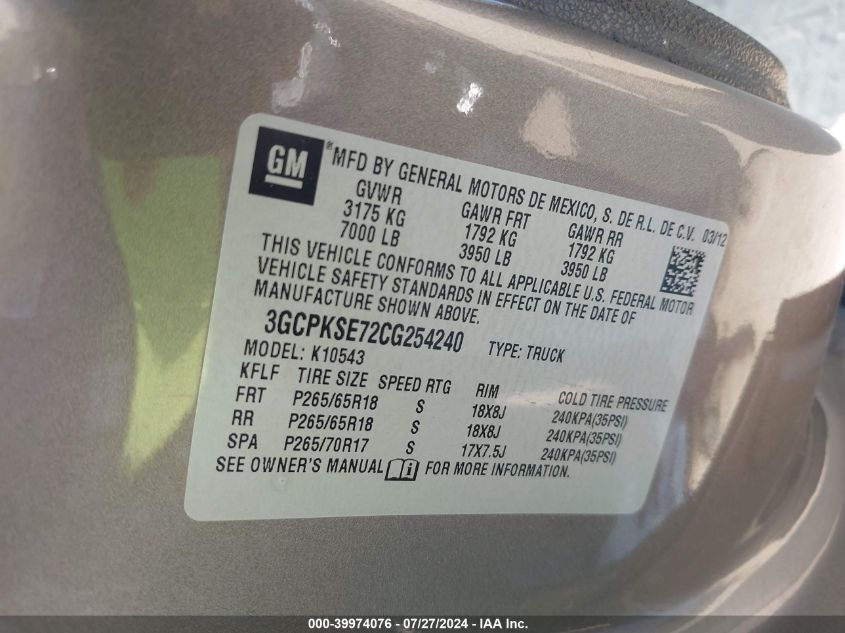 2012 Chevrolet Silverado 1500 K1500 Lt VIN: 3GCPKSE72CG254240 Lot: 39974076