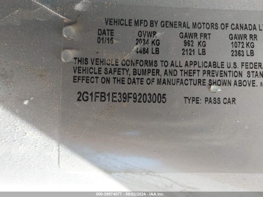 2015 Chevrolet Camaro 2Ls VIN: 2G1FB1E39F9203005 Lot: 39974077