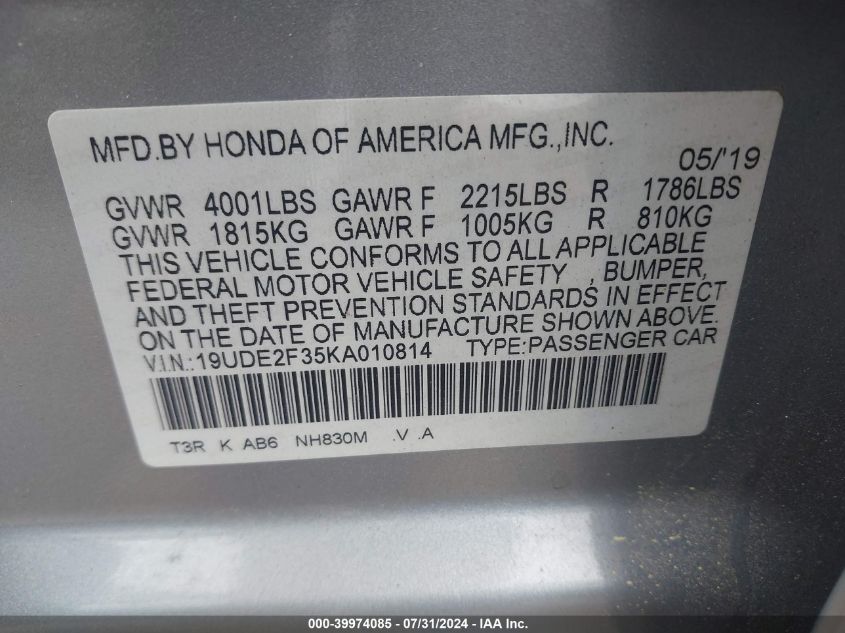 19UDE2F35KA010814 2019 Acura Ilx Standard