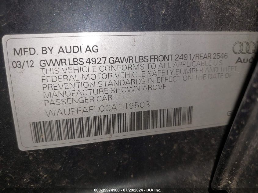 2012 Audi A4 2.0T Premium VIN: WAUFFAFL0CA119503 Lot: 39974100