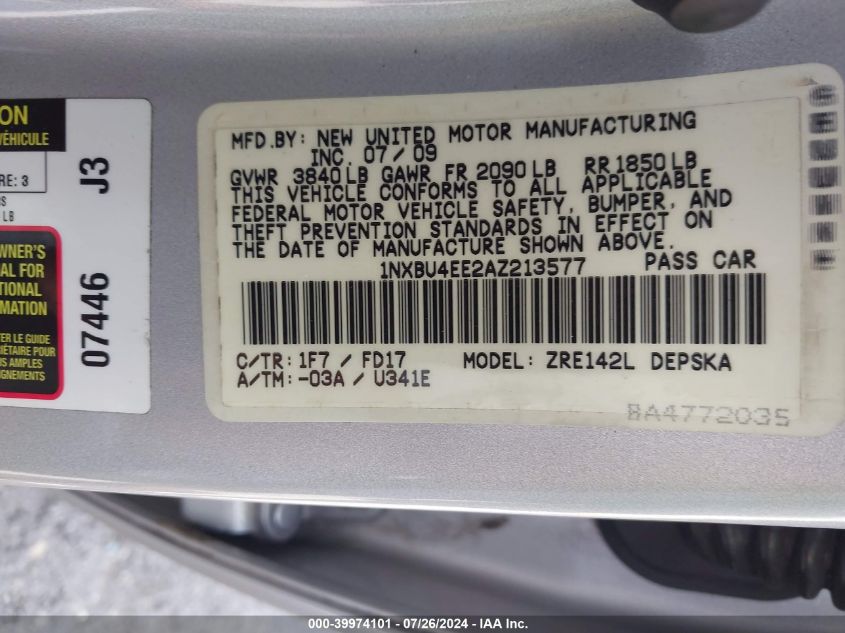 2010 Toyota Corolla S VIN: 1NXBU4EE2AZ213577 Lot: 39974101