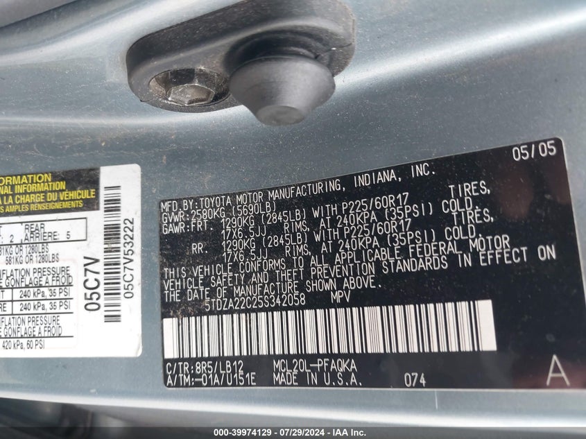 2005 Toyota Sienna Xle/Xle Limited VIN: 5TDZA22C25S342058 Lot: 39974129