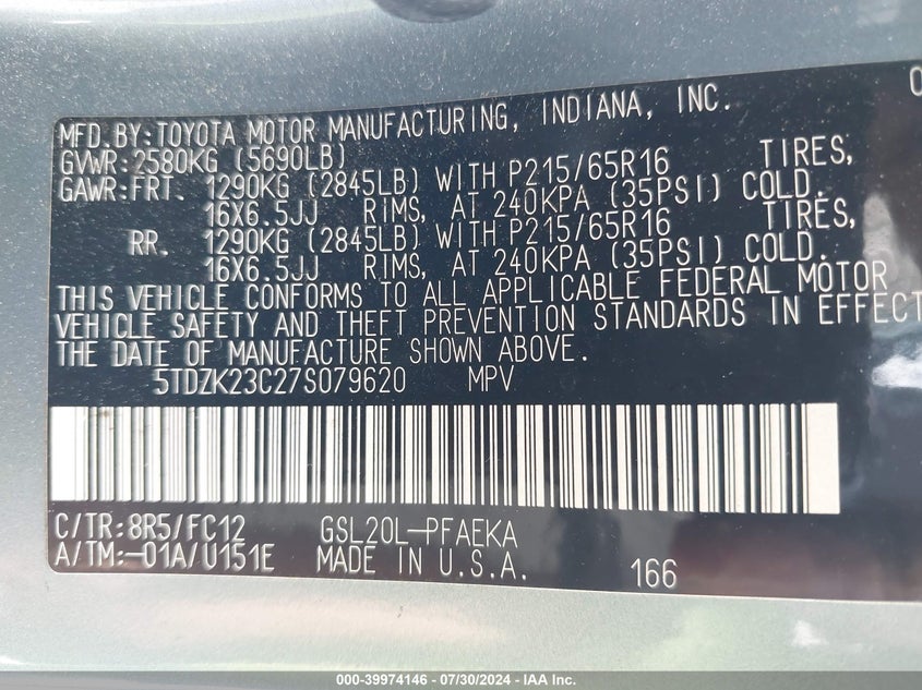 2007 Toyota Sienna Le VIN: 5TDZK23C27S079620 Lot: 39974146