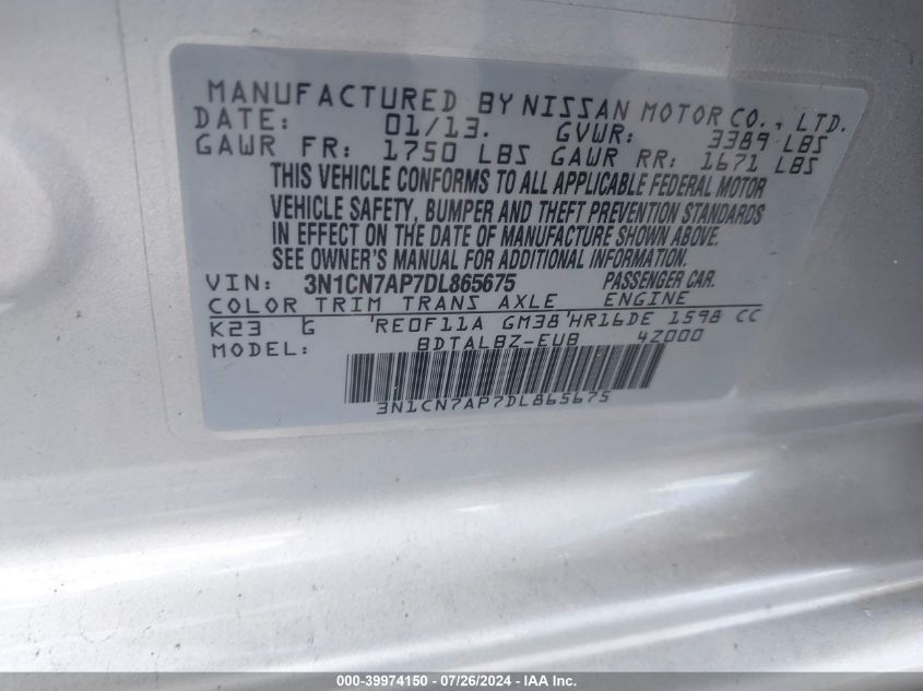 2013 Nissan Versa 1.6 Sv VIN: 3N1CN7AP7DL865675 Lot: 39974150