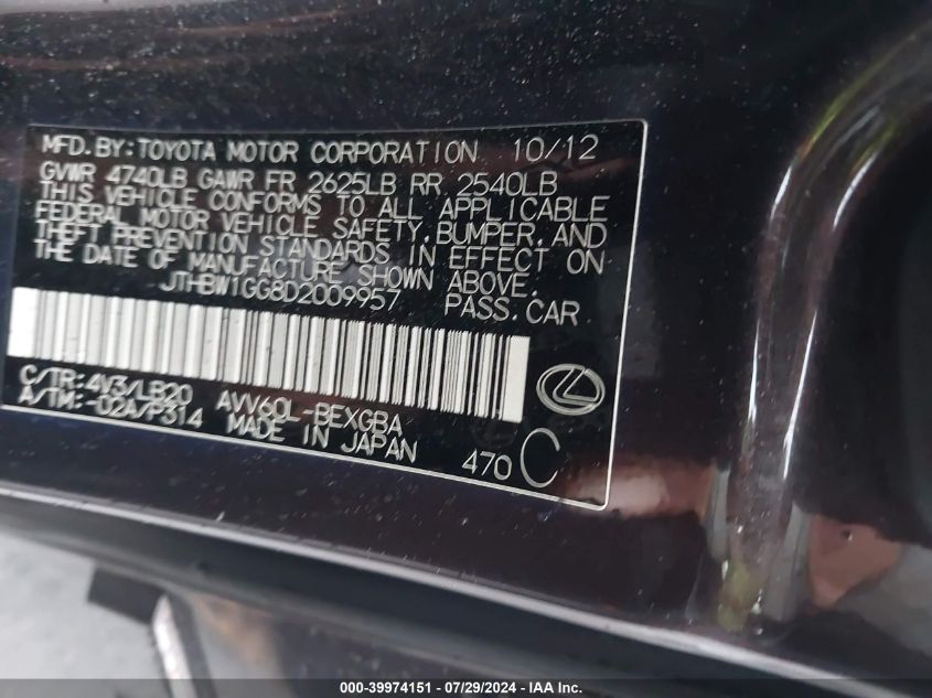 2013 Lexus Es 300H VIN: JTHBW1GG8D2009957 Lot: 39974151