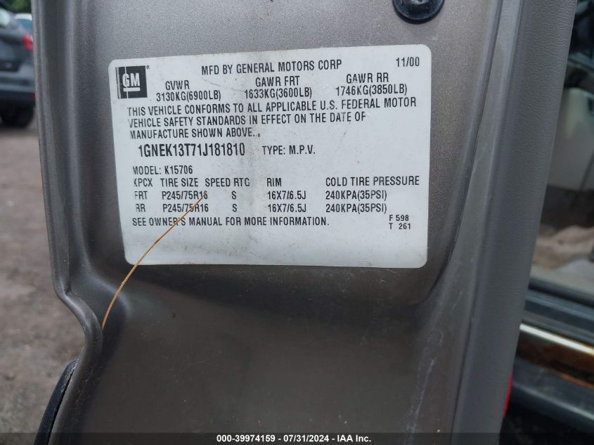 2001 Chevrolet Tahoe Ls VIN: 1GNEK13T71J181810 Lot: 39974159