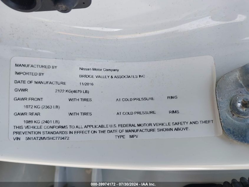 2017 Nissan Rogue Sv/Sl VIN: 5N1AT2MV5HC770472 Lot: 39974172