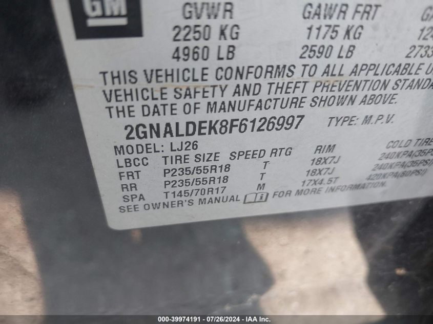 2015 Chevrolet Equinox Ltz VIN: 2GNALDEK8F6126997 Lot: 39974191