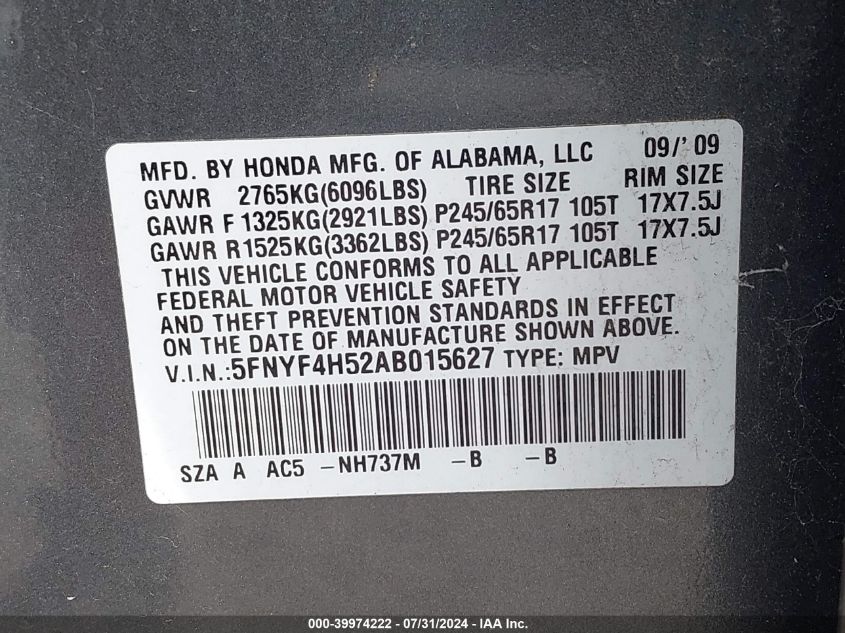 2010 Honda Pilot Ex-L VIN: 5FNYF4H52AB015627 Lot: 39974222