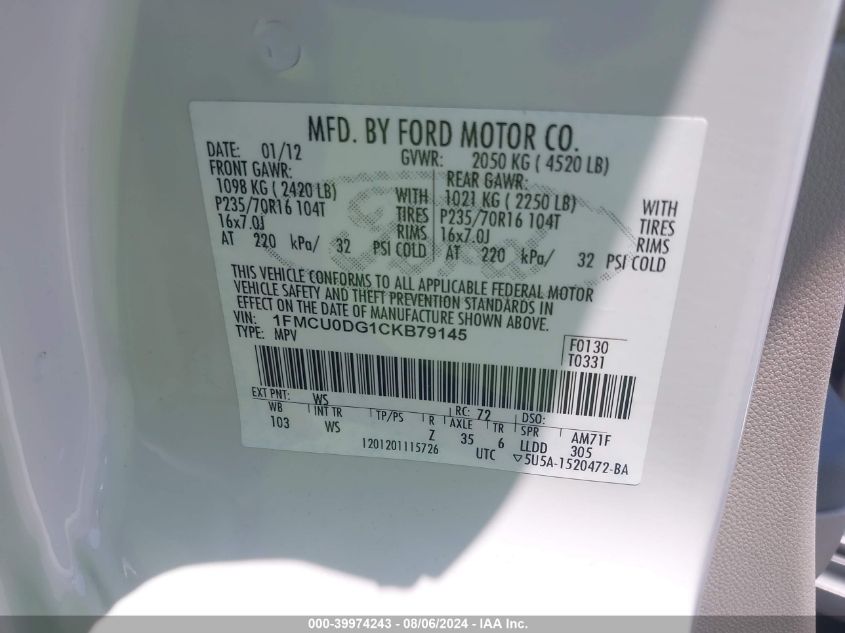 2012 Ford Escape Xlt VIN: 1FMCU0DG1CKB79145 Lot: 39974243