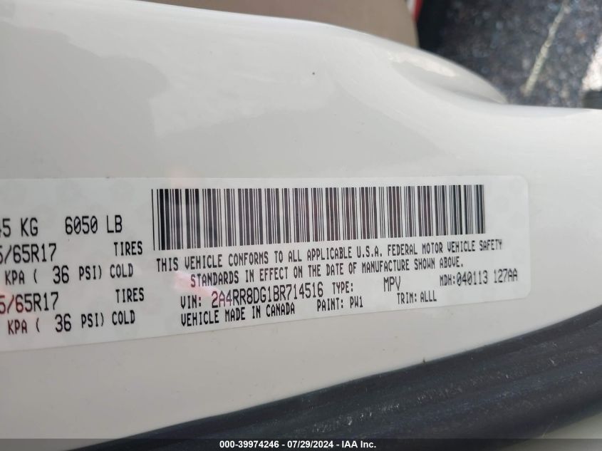 2011 Chrysler Town & Country Touring L VIN: 2A4RR8DG1BR714516 Lot: 39974246