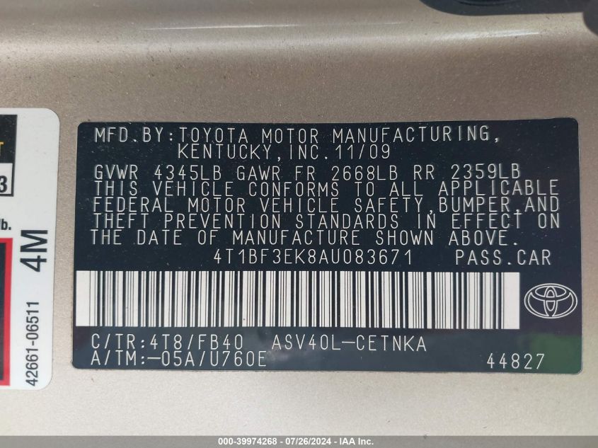 2010 Toyota Camry VIN: 4T1BF3EK8AU083671 Lot: 39974268
