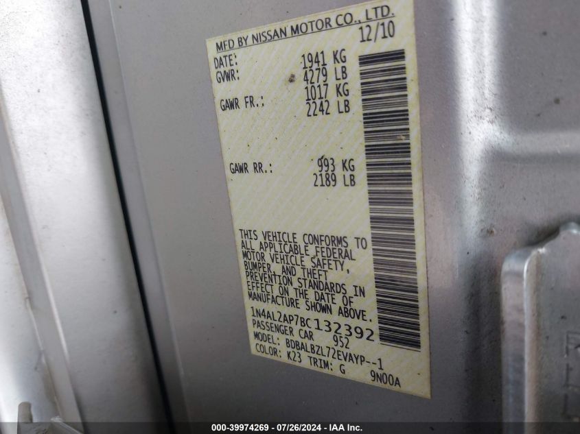 2011 Nissan Altima 2.5 S VIN: 1N4AL2AP7BC132392 Lot: 39974269