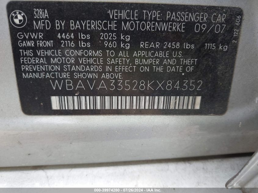 2008 BMW 328I VIN: WBAVA33528KX84352 Lot: 39974280