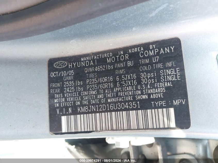 2006 Hyundai Tucson Gls/Limited VIN: KM8JN12D16U304351 Lot: 39974291