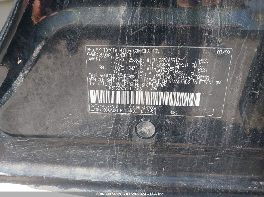 2009 Toyota Rav4 VIN: JTMZF33V39D010266 Lot: 39974326