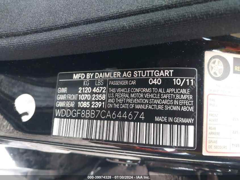 2012 Mercedes-Benz C 300 300 4Matic VIN: WDDGF8BB7CA644674 Lot: 39974328