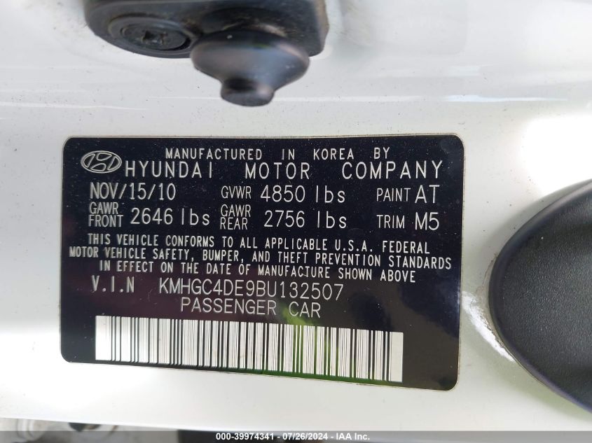 2011 Hyundai Genesis 3.8 VIN: KMHGC4DE9BU132507 Lot: 39974341