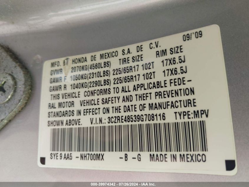 2009 Honda Cr-V Ex VIN: 3CZRE48539G708116 Lot: 39974342