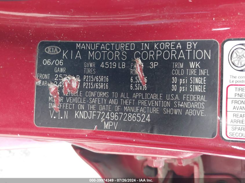 2006 Kia Sportage Lx VIN: KNDJF724967286524 Lot: 39974349