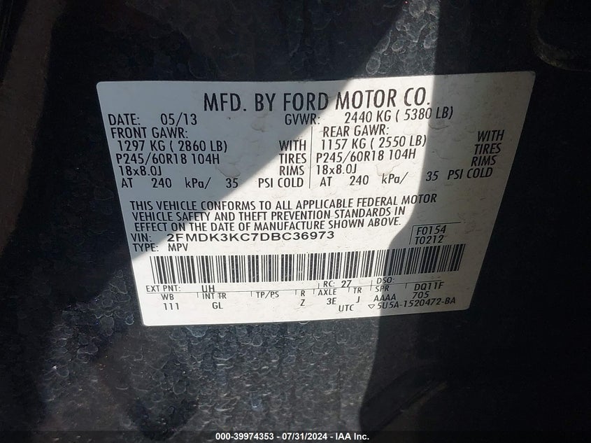 2013 Ford Edge Limited VIN: 2FMDK3KC7DBC36973 Lot: 39974353